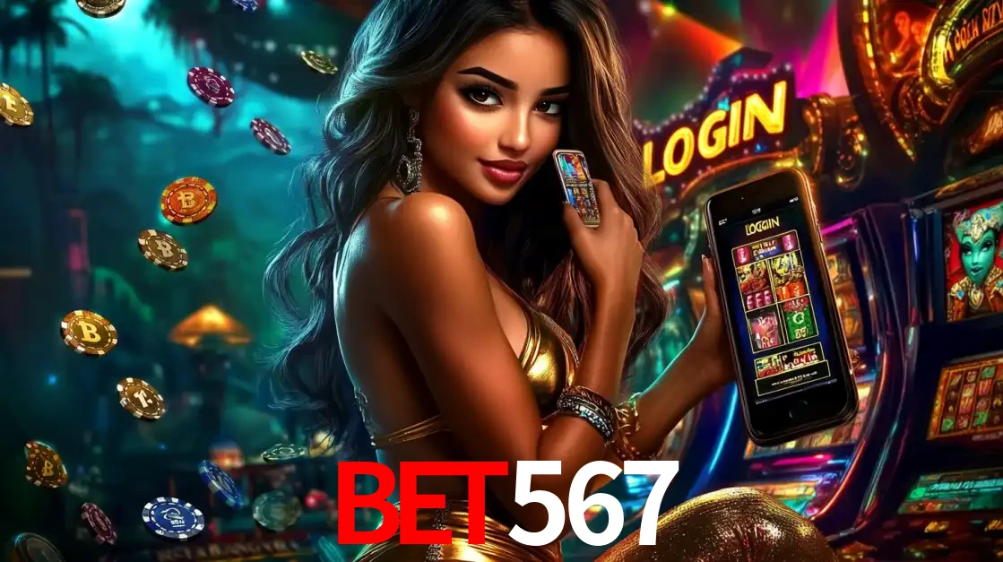 Mulher em um cenário de cassino temático de aventura, mostrando o app de caça-níqueis da BET567 no celular. Fichas de apostas flutuam ao redor.