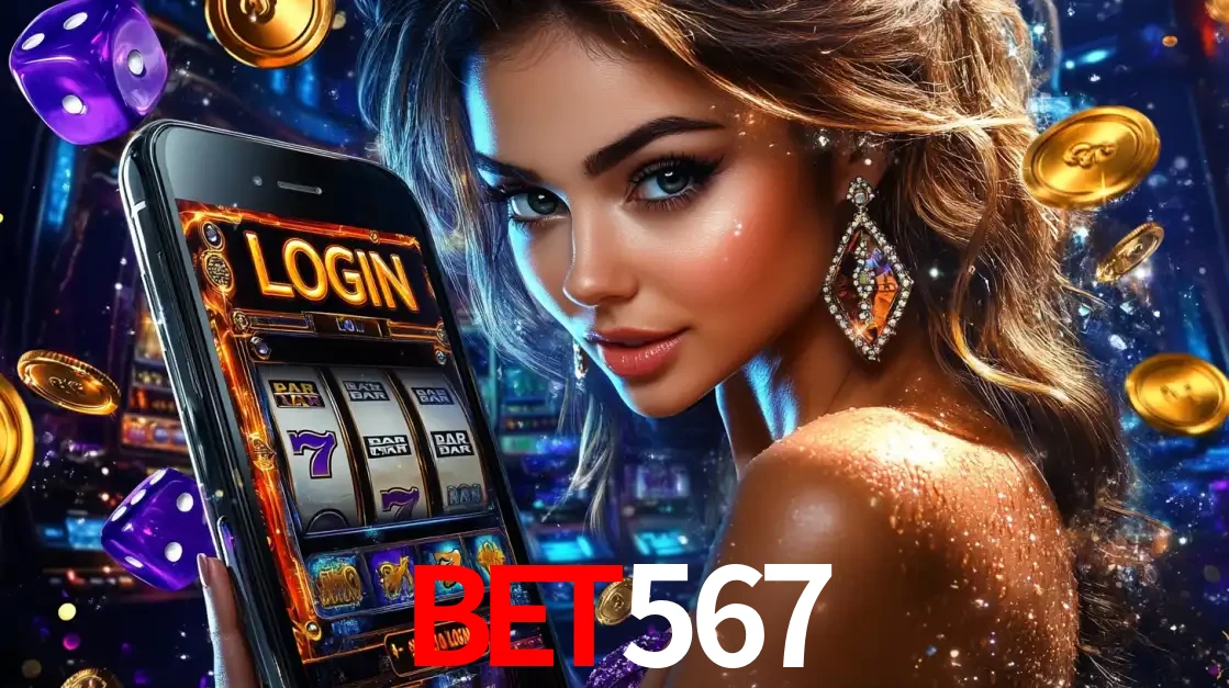 Mulher glamorosa segurando um smartphone com a tela de login para os jogos de caça-níqueis do cassino online BET567, com moedas de ouro e dados ao redor.