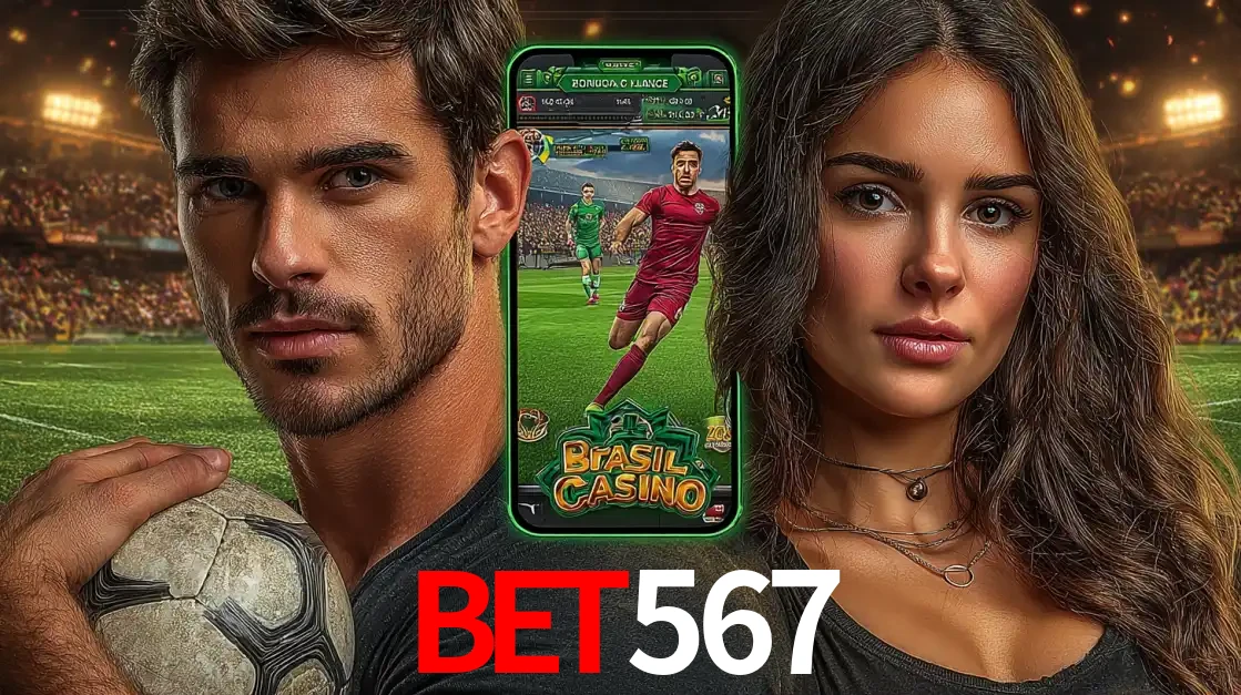 Homem segurando uma bola de futebol e uma mulher ao lado de um smartphone exibindo o jogo de apostas esportivas da BET567. Faça seu palpite no cassino online.